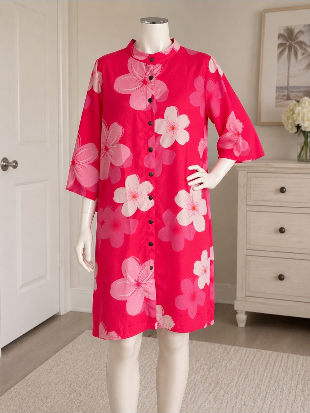 Bright Pink Floral Button-Front Shift Shirt Dress